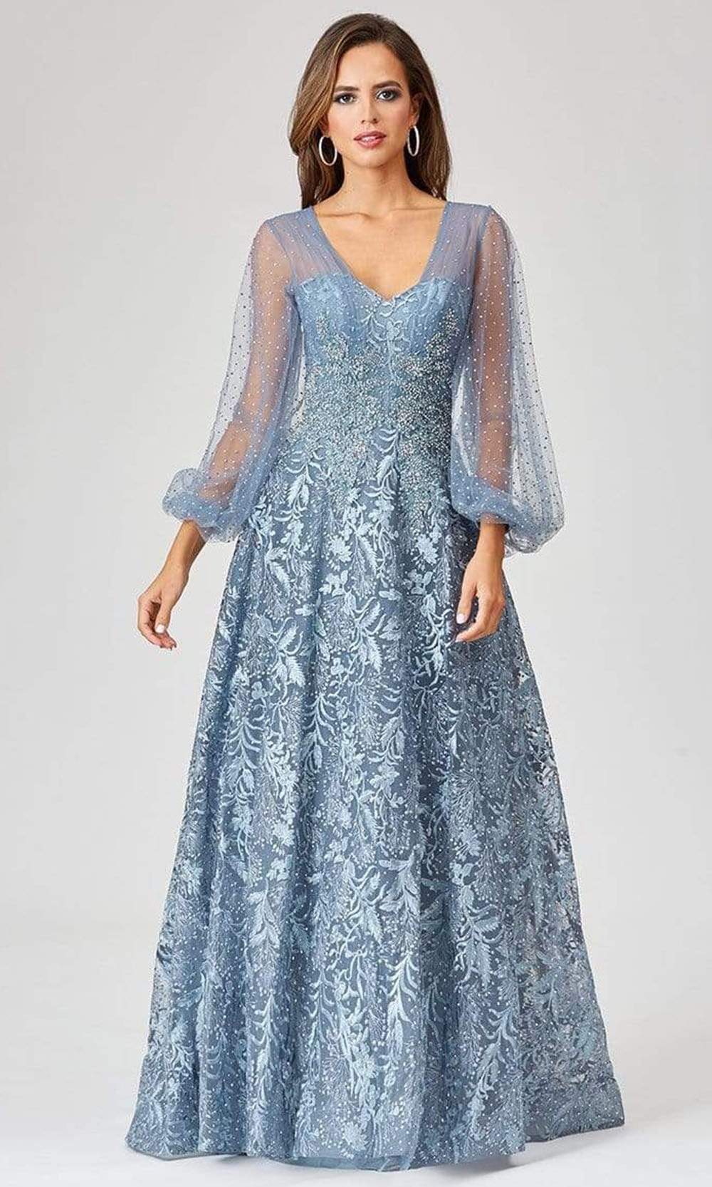 Lara Dresses - 29455 Embroidered Sheer Long Sleeve A-Line Gown Mother of the Bride Dresses 0 / Slate