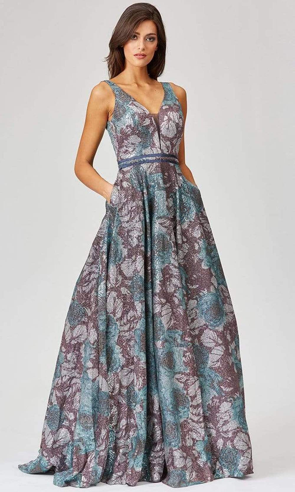 Lara Dresses - 29460 Deep V Neck A-Line Gown Prom Dresses 0 / Blue Multi