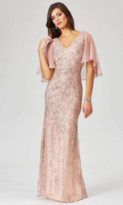 Lara Dresses - 29465 Cape Sleeve Embroidered Ruffle Accent Gown Mother of the Bride Dresses 0 / Dusty Rose