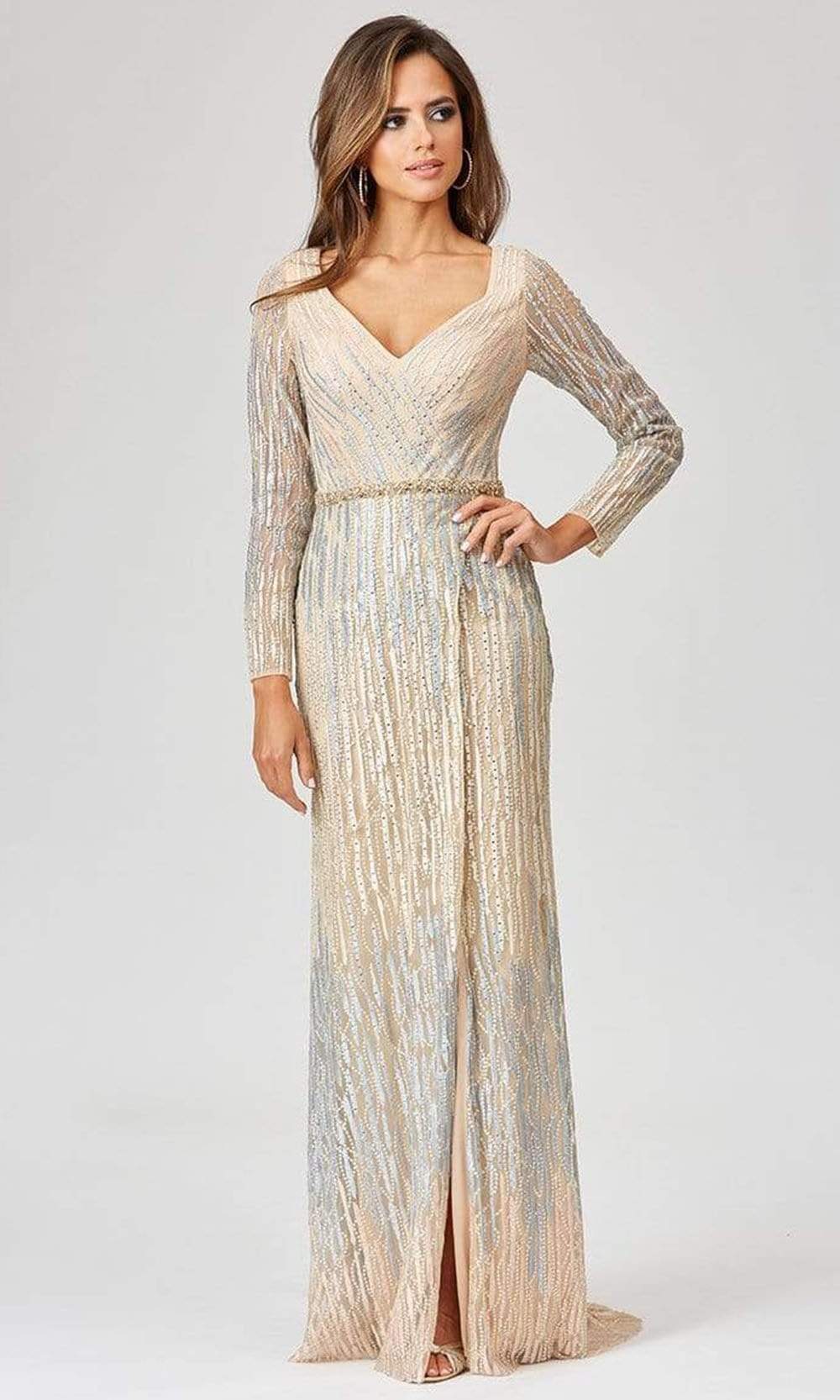 Lara Dresses - 29467 Rhinestone Ornate High Slit Sheath Gown Evening Dresses 0 / Champagne Multi