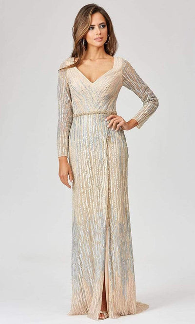 Lara Dresses - 29467 Rhinestone Ornate High Slit Sheath Gown Evening Dresses 0 / Champagne Multi