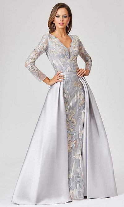 Lara Dresses - 29468 Scalloped V-Neck Embroidered Overskirt Gown Evening Dresses 0 / Silver Multi