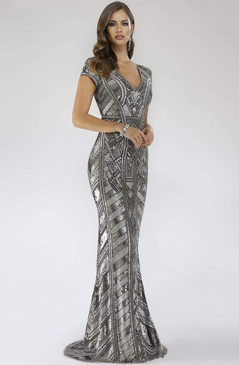 Lara Dresses - 29540 Short Sleeve Metallic Sequin Mermaid Dress Evening Dresses 0 / Platinum