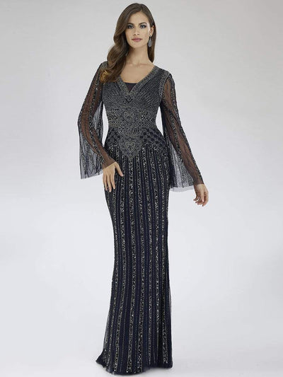 Lara Dresses - 29601 Beaded Deep V-Neck Long Sleeves Dress Mother of the Bride Dresses 0 / Navy