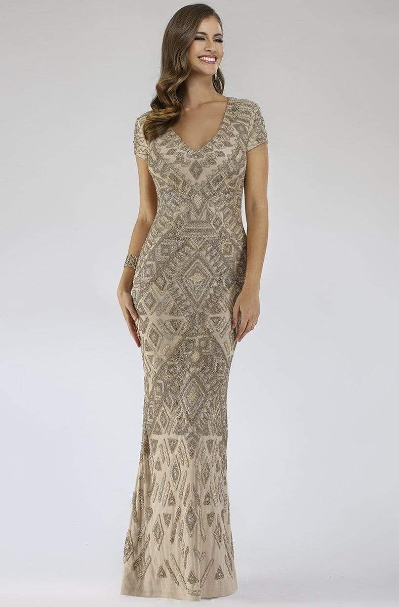 Lara Dresses - 29604 Embellished V-Neck Sheath Dress Mother of the Bride Dresses 0 / Nude