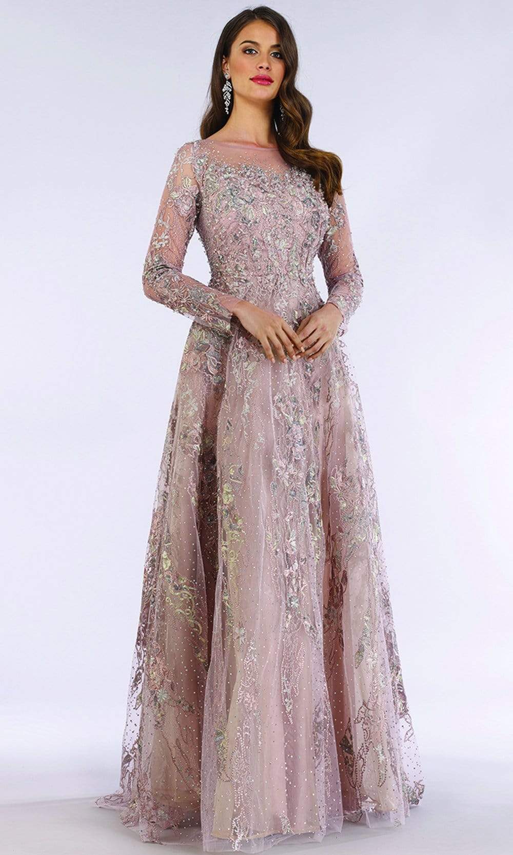 Lara Dresses - 29618 Illusion Long Sleeve Beaded Adorned Evening Gown Mother of the Bride Dresses 4 / Mauve