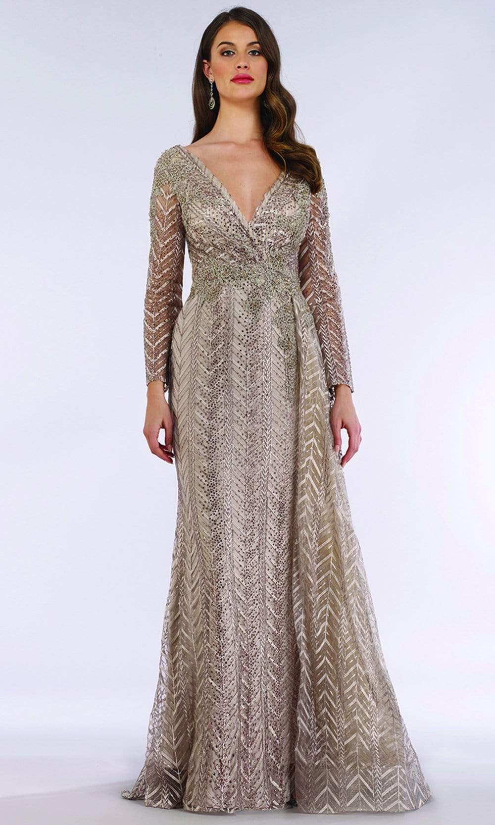 Lara Dresses - 29620 Trimmed V Neck Long Sleeve Adorned Evening Gown Mother of the Bride Dresses 4 / Khaki
