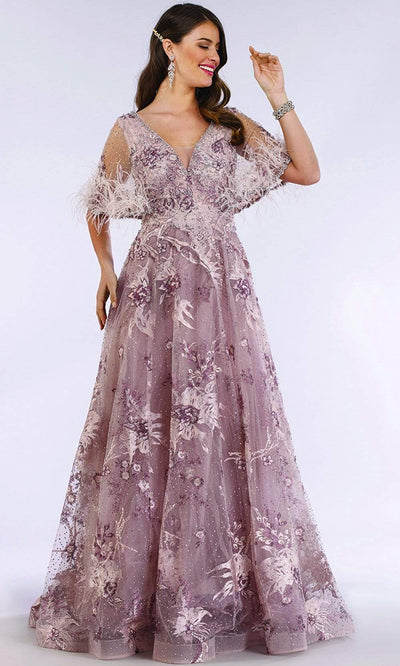 Lara Dresses - 29622 Feathery Sheer Cape Sleeve Embellish A-Line Gown Mother of the Bride Dresses 4 / Blush