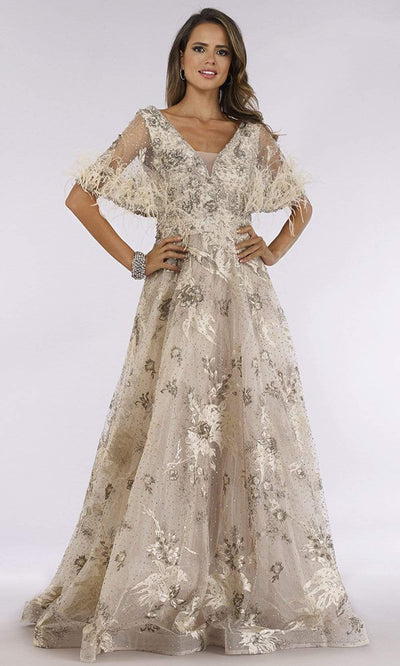Lara Dresses - 29622 Feathery Sheer Cape Sleeve Embellish A-Line Gown Mother of the Bride Dresses 4 / Champagne