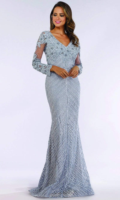 Lara Dresses - 29625 V Neck Embroidered Lace Sheath Evening Gown Mother of the Bride Dresses 4 / Slate