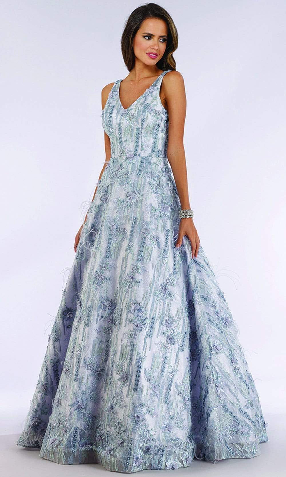 Lara Dresses - 29630 Floral Accent Beaded Feather Adorned Evening Gown Prom Dresses 4 / Lt Blue