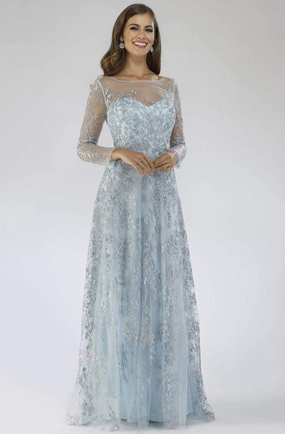 Lara Dresses - 29677 Illusion Long Sleeve Lace Applique A-Line Gown Mother of the Bride Dresses 0 / Lt Blue