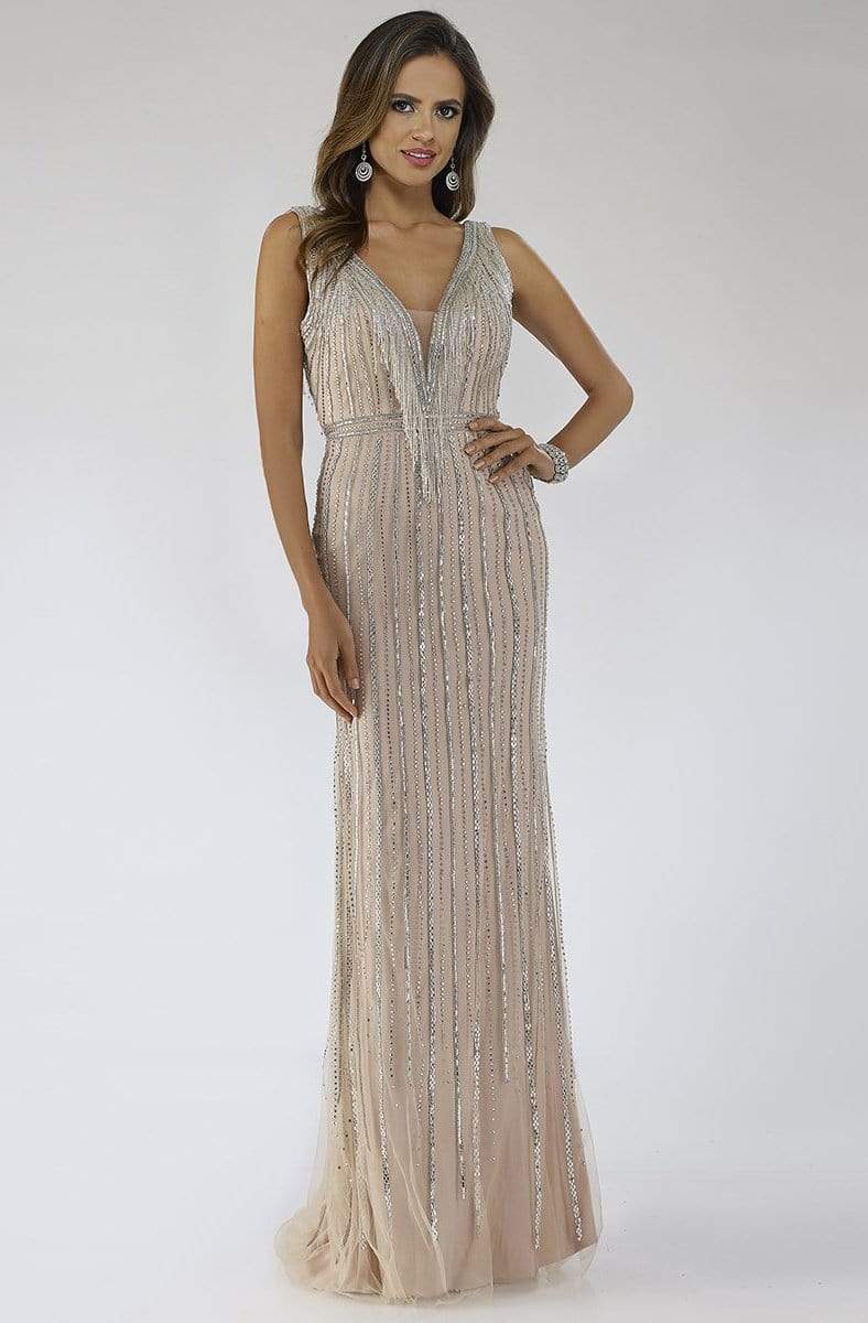 Lara Dresses - 29680 Embellished Deep V-neck Sheath Dress Evening Dresses 0 / Nude/Silver