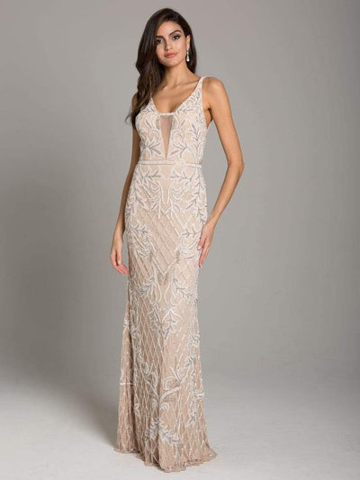 Lara Dresses - 29833 Lattice Beaded Deep V-neck Sheath Dress Special Occasion Dress 0 / Nude/Ivory