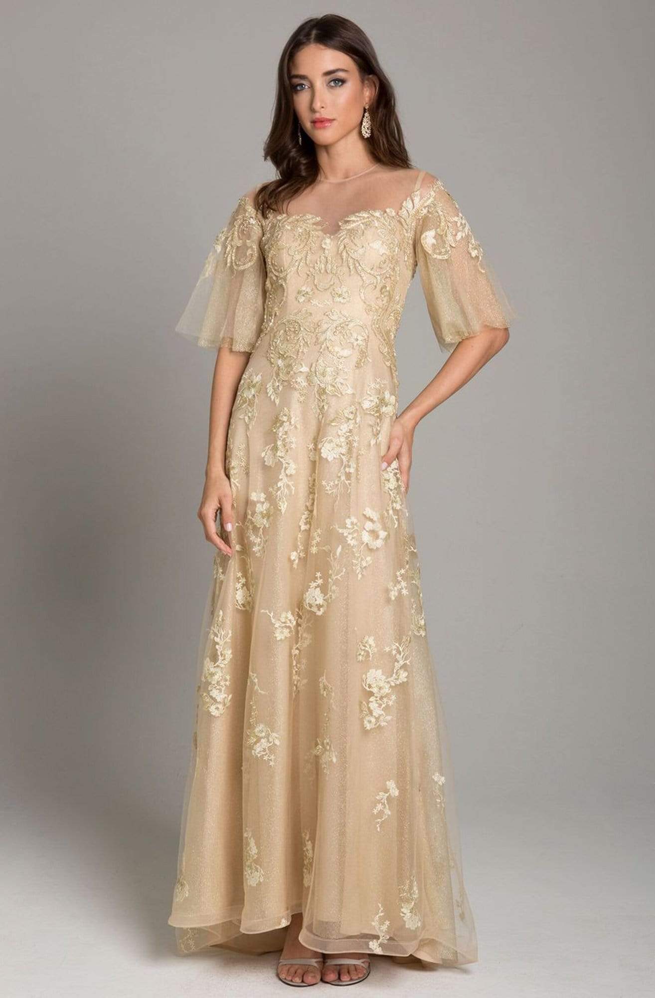 Lara Dresses - 29854 Applique Jewel Neck Tulle A-line Dress Special Occasion Dress 4 / Gold