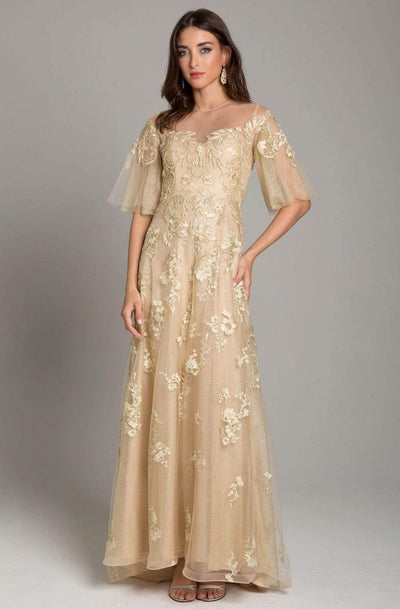 Lara Dresses - 29854 Applique Jewel Neck Tulle A-line Dress Special Occasion Dress 4 / Gold