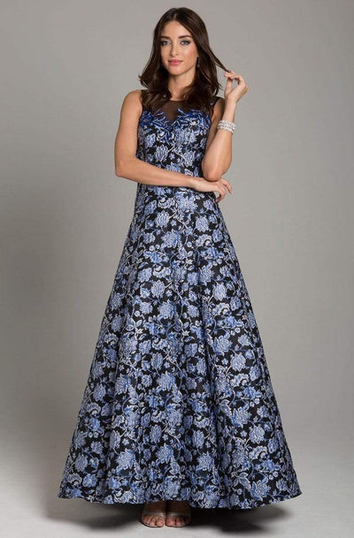 Lara Dresses - 29867 Brocade Jewel Neck A-line Dress Special Occasion Dress 4 / Navy Floral