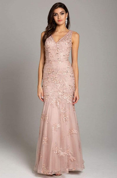 Lara Dresses - 29869 Floral Lace V-neck Mermaid Dress Special Occasion Dress 4 / Blush