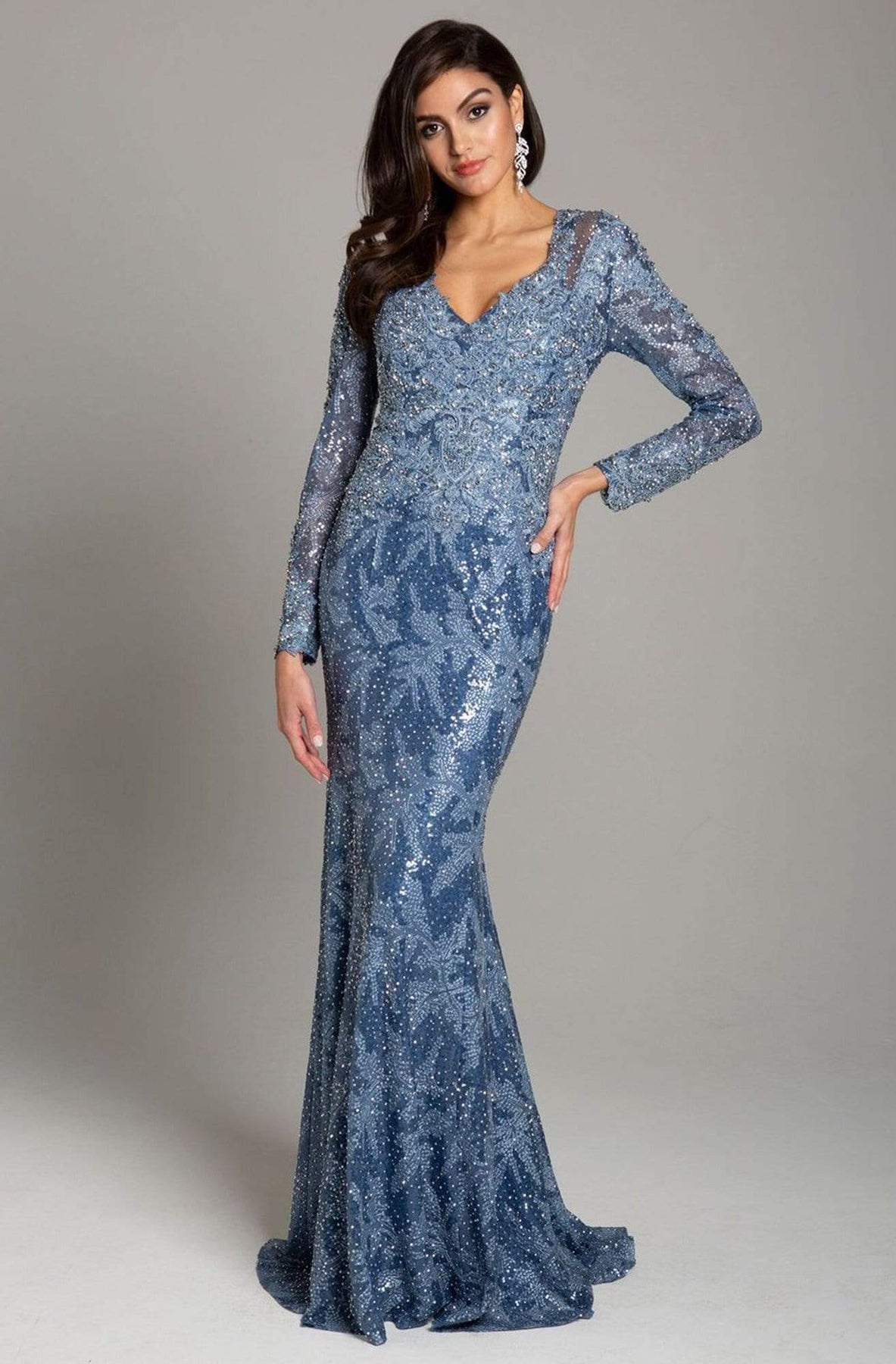 Lara Dresses - 29885 Long Sleeve Sequined Lace Mermaid Gown Mother of the Bride Dresses 6 / Slate