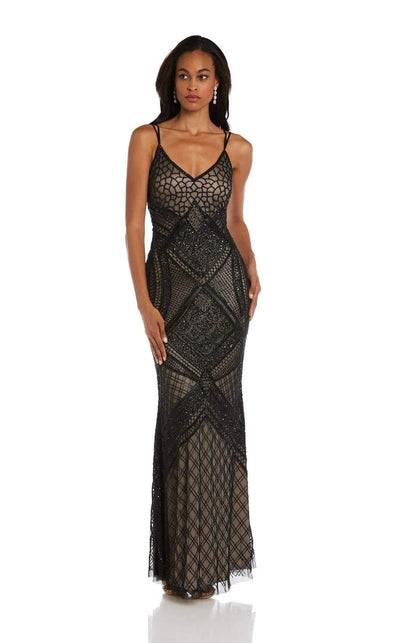 Lara Dresses - 29911 Sleeveless V Neck Beaded Embellished Sheath Gown Special Occasion Dress 0 / Black/Nude