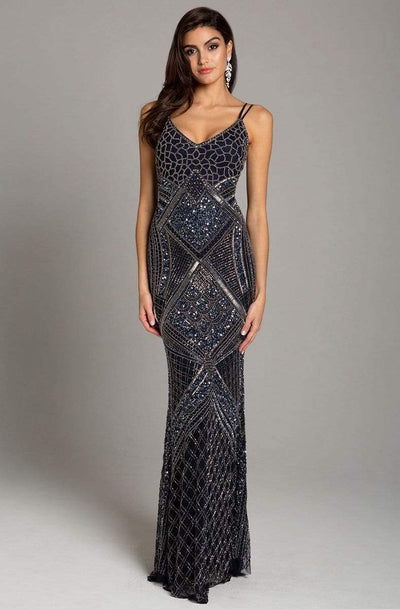 Lara Dresses - 29911 Sleeveless V Neck Beaded Embellished Sheath Gown Special Occasion Dress 0 / Navy/Gunmetal