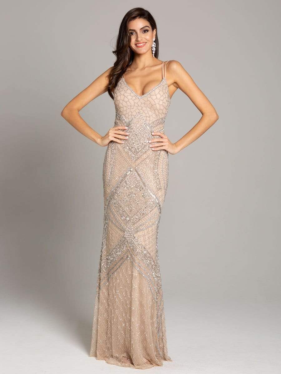 Lara Dresses - 29911 Sleeveless V Neck Beaded Embellished Sheath Gown Special Occasion Dress 0 / Nude/Silver