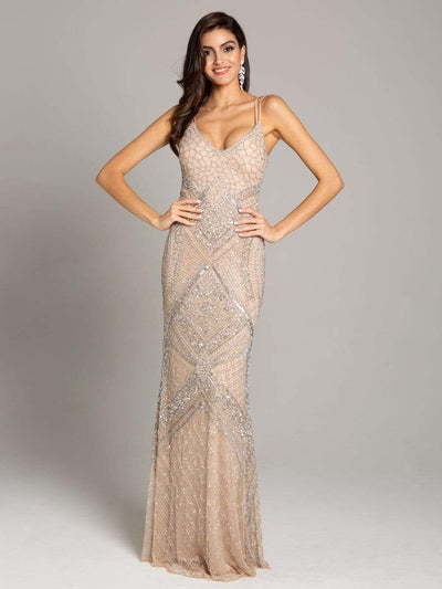 Lara Dresses - 29911 Sleeveless V Neck Beaded Embellished Sheath Gown Special Occasion Dress 0 / Nude/Silver
