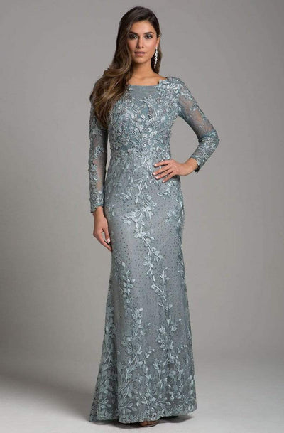 Lara Dresses - 29924 Embellished Long Sleeve Bateau Sheath Dress Special Occasion Dress 6 / Grey