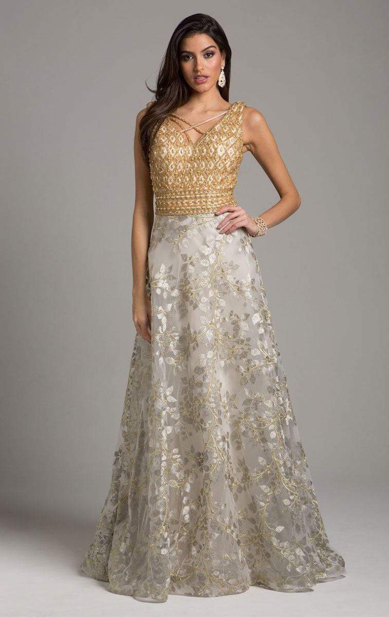 Lara Dresses - 29957 Gold Embellished A-Line Evening Gown Special Occasion Dress 2 / Gold/Silver