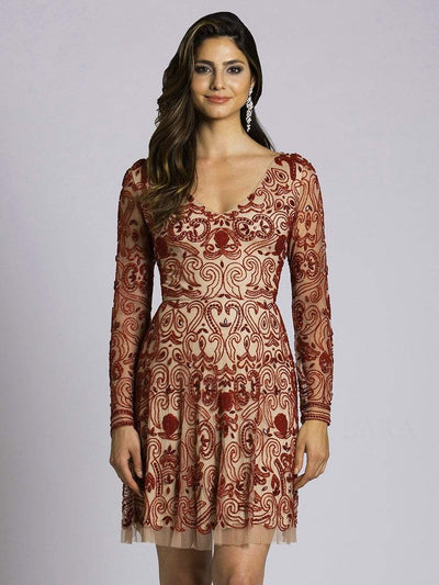 Lara Dresses - 33414 Beaded Long Sleeve A-Line Dress Special Occasion Dress 0 / Nude/Red