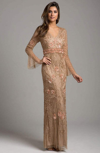 Lara Dresses - 33435 V Neck Long Sleeves Evening Dress Special Occasion Dress 4 / Champagne