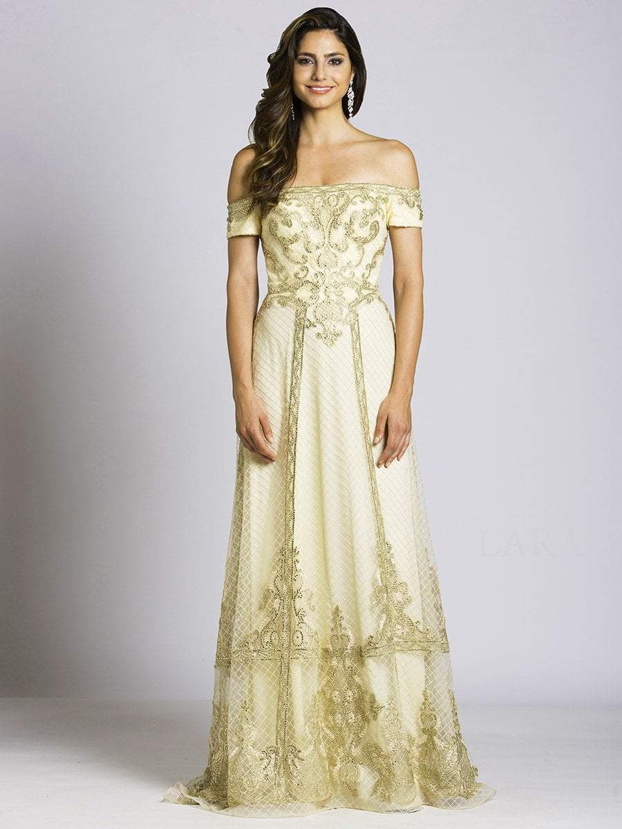 Lara Dresses - 33520 Embellished Off Shoulder Evening Gown Special Occasion Dress 0 / Gold