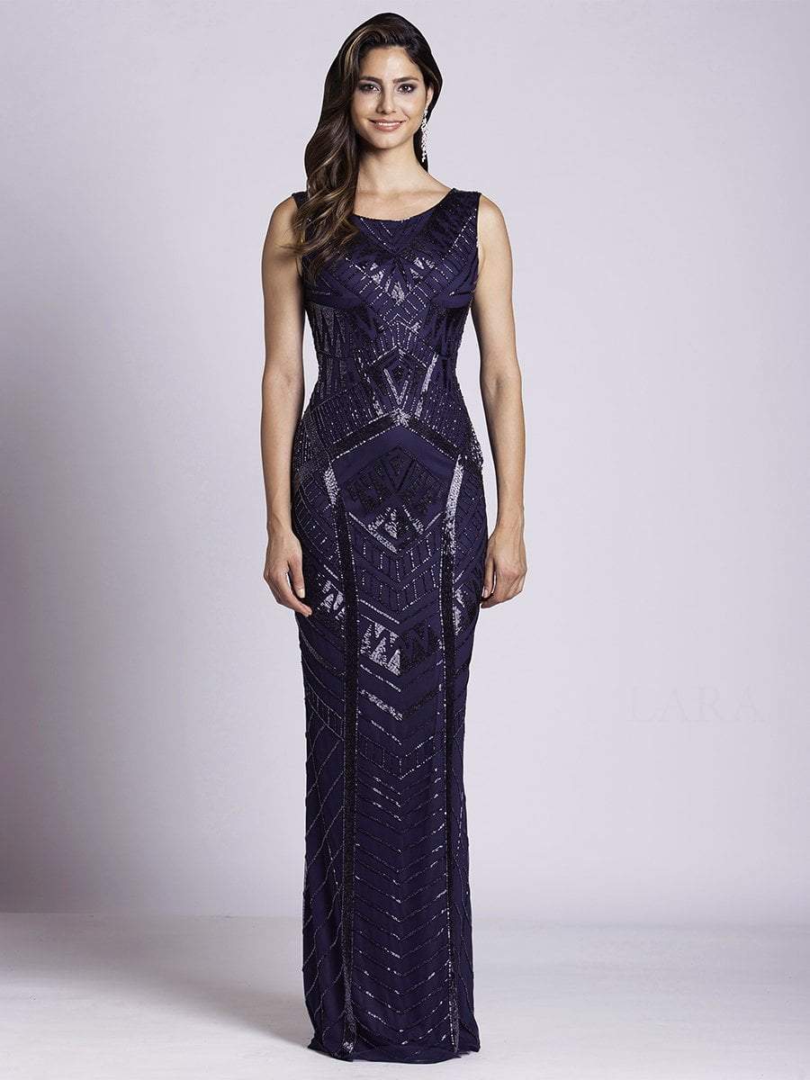 Lara Dresses - 33552 Scoop Neck Beaded Sheath Gown Special Occasion Dress 0 / Navy