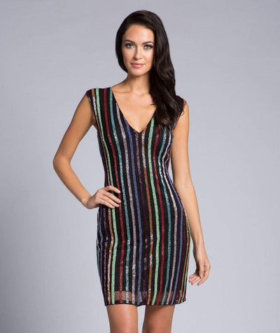 Lara Dresses - 33607 Multi-Colored Beaded V-neck Sheath Dress Special Occasion Dress 0 / Black/Multi