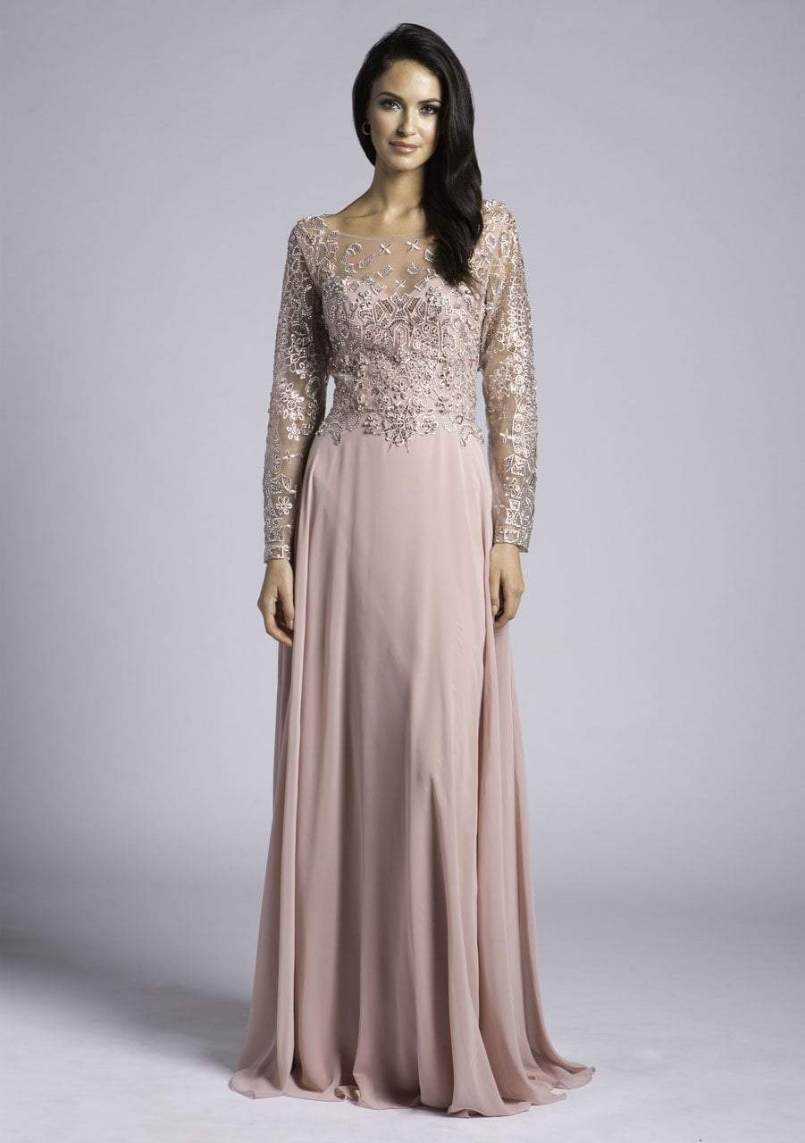 Lara Dresses - 33625 Sheer Long Sleeved Embellished Gown Special Occasion Dress 0 / Blush