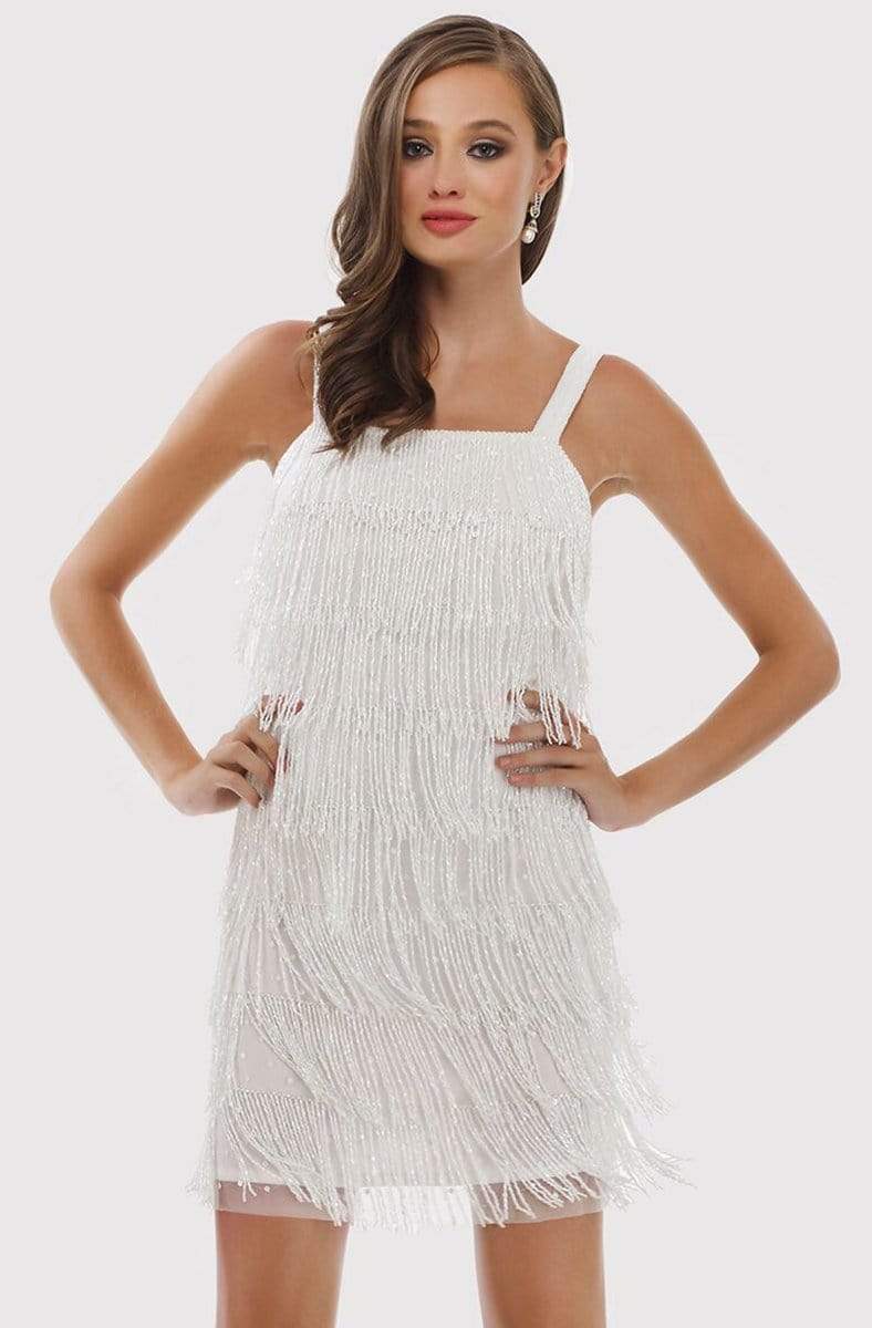 Lara Dresses - 51025 Straight Neck Beaded Fringe Sheath Dress Party Dresses 0 / White