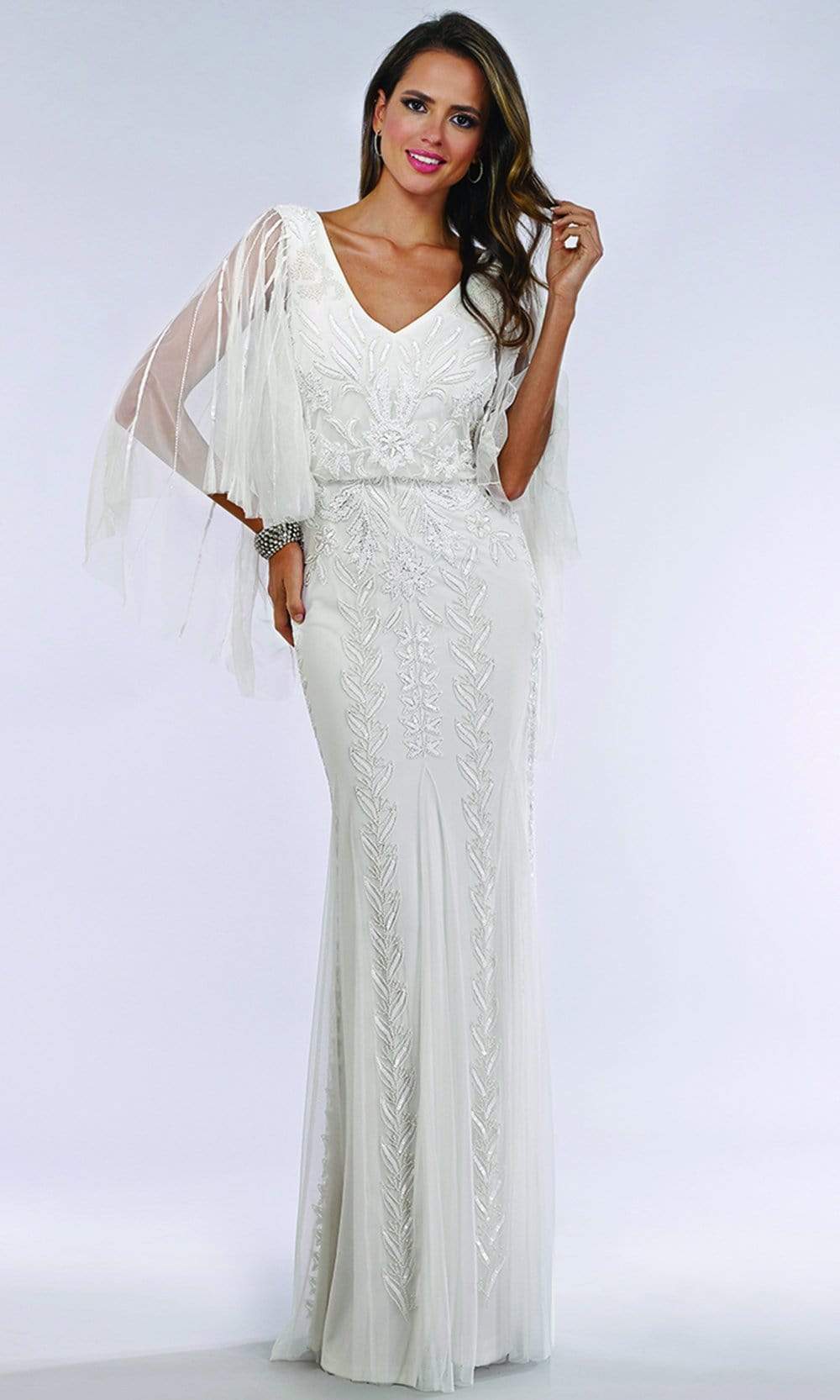 Lara Dresses - 51046 Sheer Cape Sleeve Embellished Sheath Bridal Dress Wedding Dresses 4 / Ivory