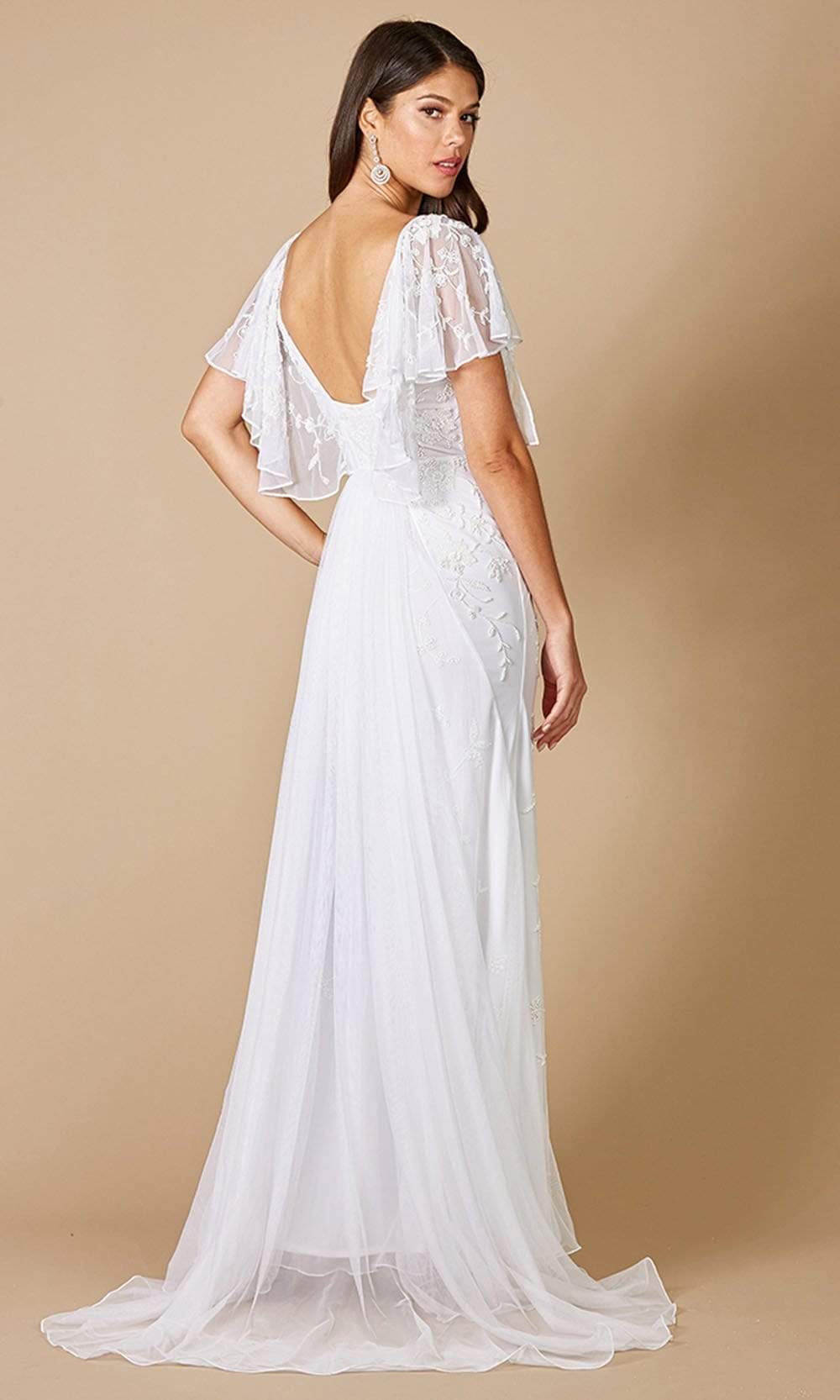Lara Dresses 51056 - Long Trumpet Dress - Flutter Sleeves, Embellished, V-Open Back, Zipper Closure, Sweep Train ADASA Lara Dresses 51056 - Long Trumpet Dress - Flutter Sleeves, Embellished, V-Open Back, Zipper Closure, Sweep Train ADASA