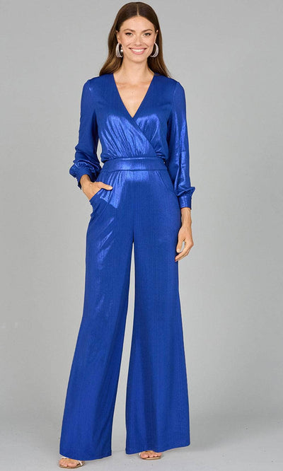 Lara Dresses 8121 - Metallic V-Neck Jumpsuit Special Occasion Dresses 4/ Blue