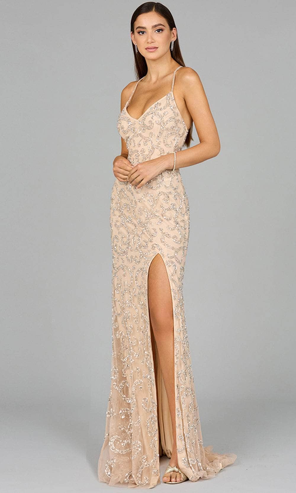 Lara Dresses 9950 - Beaded Evening Dress with Slit Special Occasion Dresses 0/ Nude