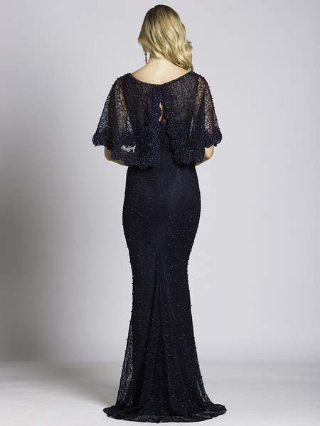 Lara Dresses - Scoop Capelet Overlay Evening Gown 33498 CCSALE 14 / Navy Blue