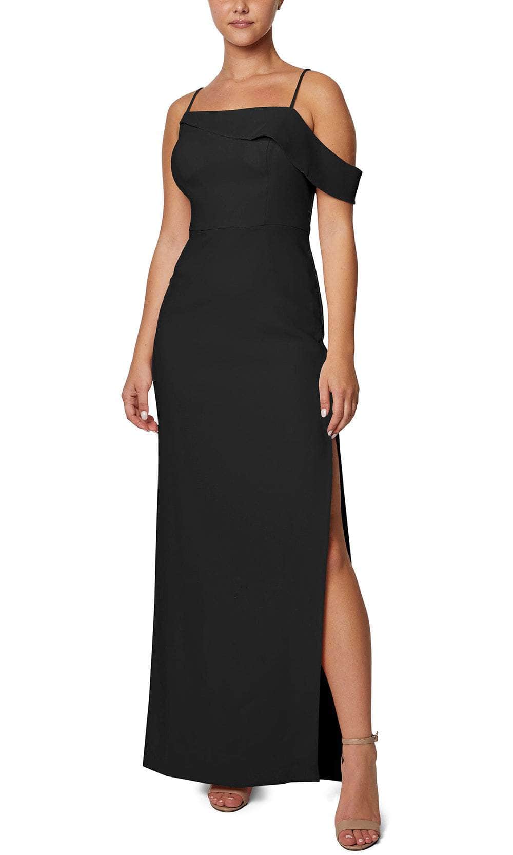 Laundry HQ07W94 - Long Crepe Sheath Dress - Spaghetti Strap, Single Off-Shoulder Sleeve, Mid-Open Back, Back Zipper, High Slit, Full Length ADASA Laundry HQ07W94 - Long Crepe Sheath Dress - Spaghetti Strap, Single Off-Shoulder Sleeve, Mid-Open Back, Back Zipper, High Slit, Full Length ADASA