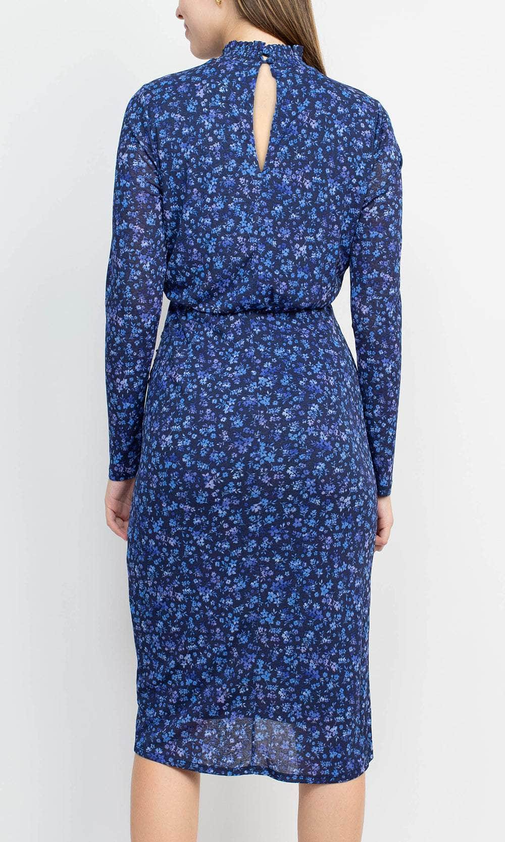 Laundry HU05D50 - Knee-Length Knit Sheath Dress - Long Sleeve, Blouson, Ruffled, Floral Print, Keyhole Back, Buttons, Tulip Hem, Fitted ADASA Laundry HU05D50 - Knee-Length Knit Sheath Dress - Long Sleeve, Blouson, Ruffled, Floral Print, Keyhole Back, Buttons, Tulip Hem, Fitted ADASA