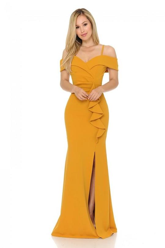 Lenovia - Off Shoulder High Slit Gown 5206SC In Yellow