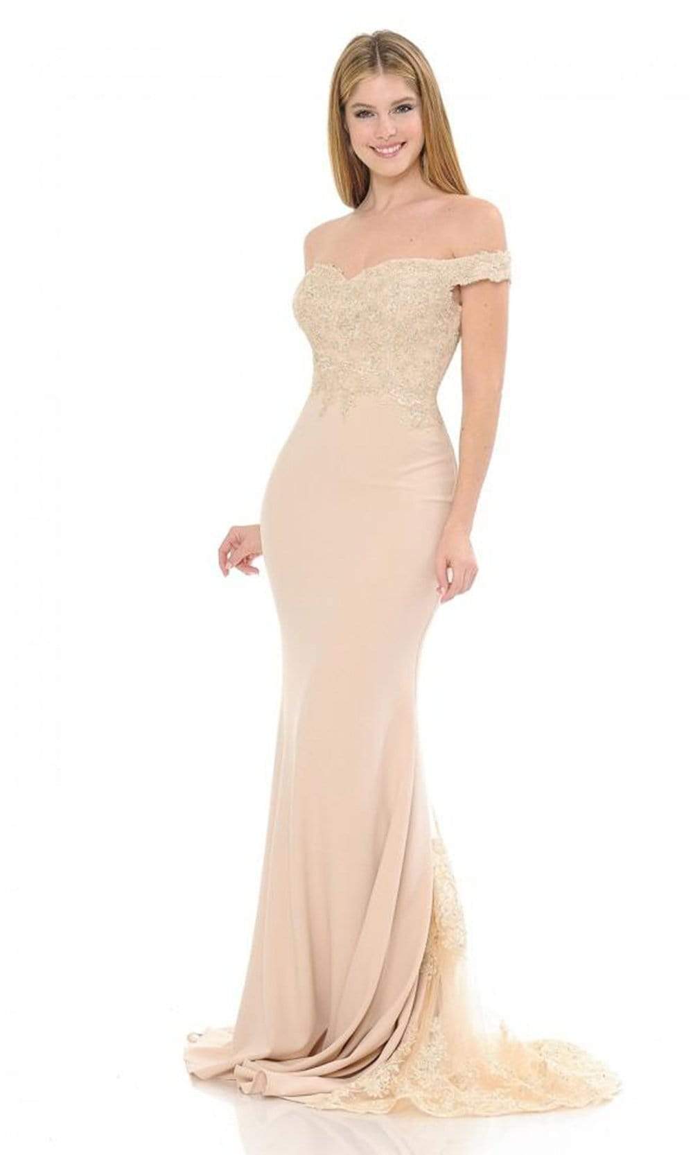 Lenovia - Lace Embellished Off Shoulder Crepe Trumpet Gown 8134SC In Neutral