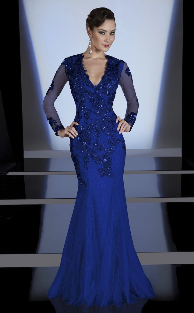 MNM Couture - Bejeweled V-Neck Mermaid Evening Gown 0437B In Blue
