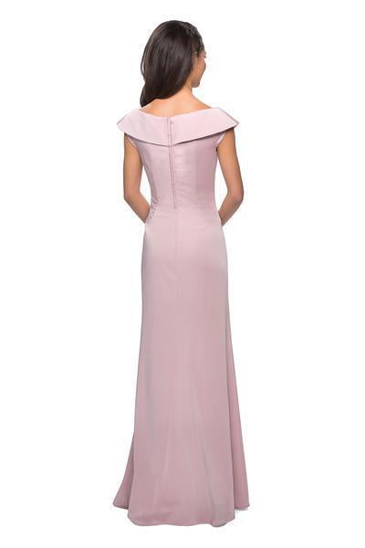 La Femme - Ruched Wide V Neck Evening Dress 26523 In Pink