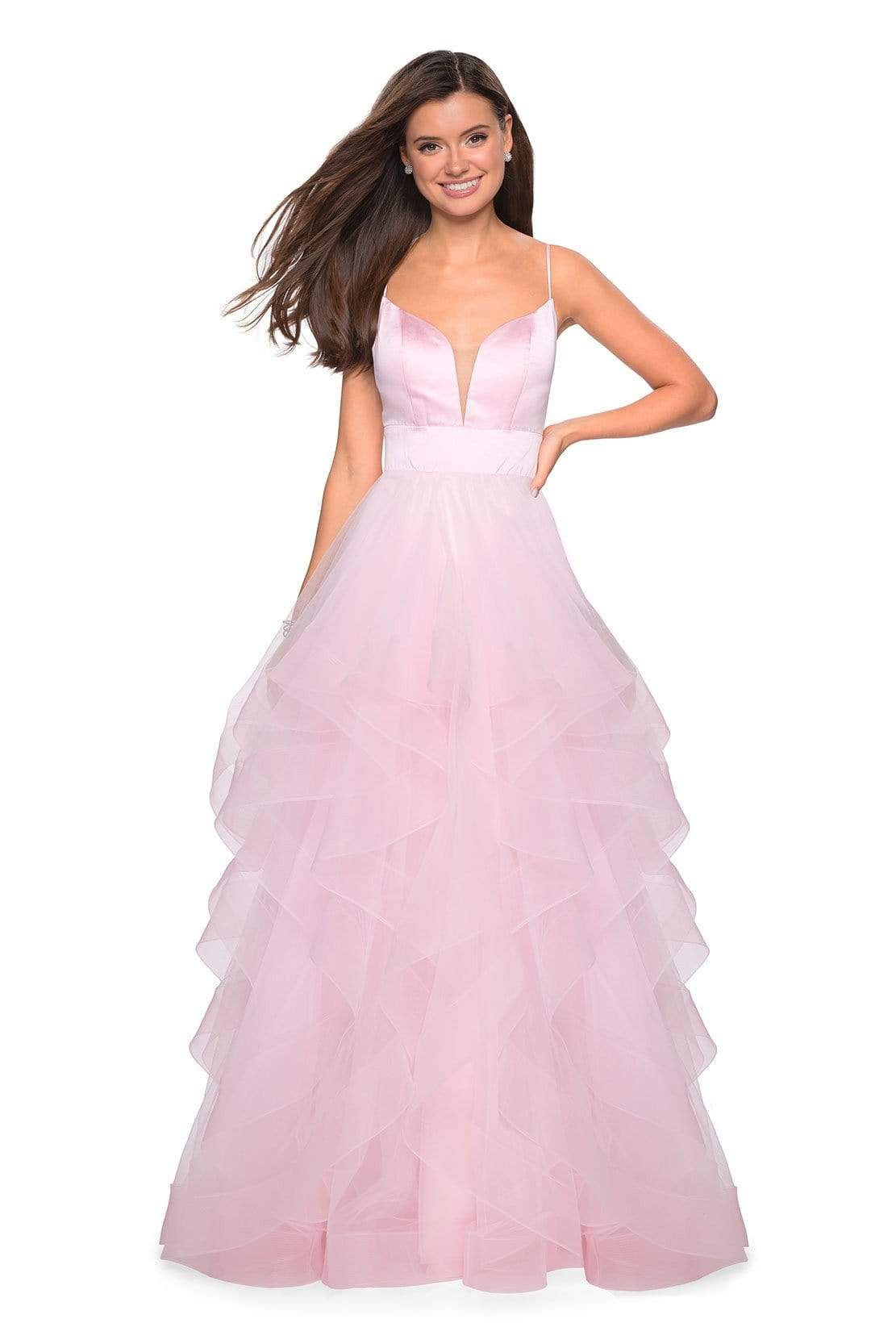 La Femme - 27024 Sleeveless Plunging Illusion Neckline Ruffles Ballgown Special Occasion Dress 00 / Light Pink