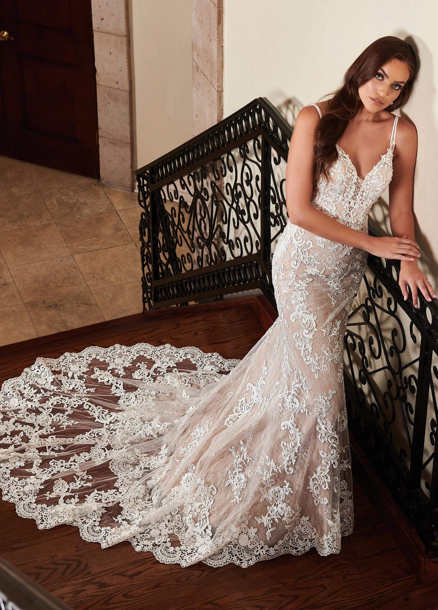 Lo'Adoro Bridal By Rachel Allan - M755 Plunging V Neck Lace Tule Gown Wedding Dresses