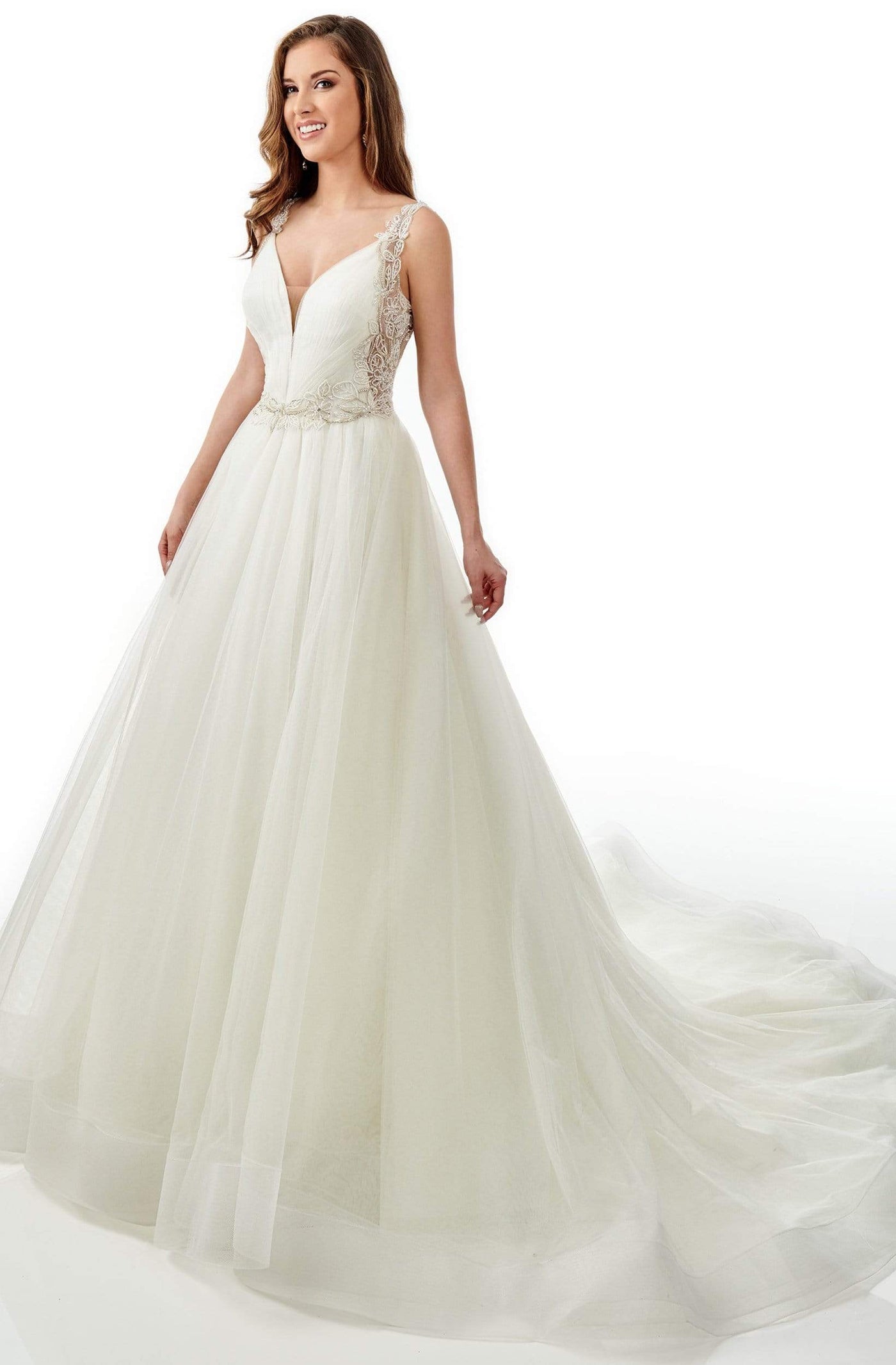 Lo'Adoro Bridal By Rachel Allan - M756 Plunging V-Neck Ruched Gown Wedding Dresses 0 / White Nude